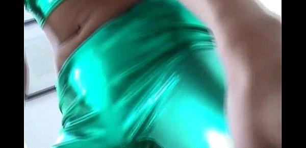  These shiny green PVC panties cling to my pussy